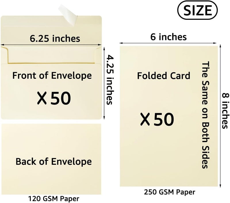 Wishop 50 Pack Self-Adhesive Envelopes with Fold Cards for Wedding Invitations, Greeting Cards, Baby Shower, Letter Mailing (Cream Color, 4x6) - Image 2